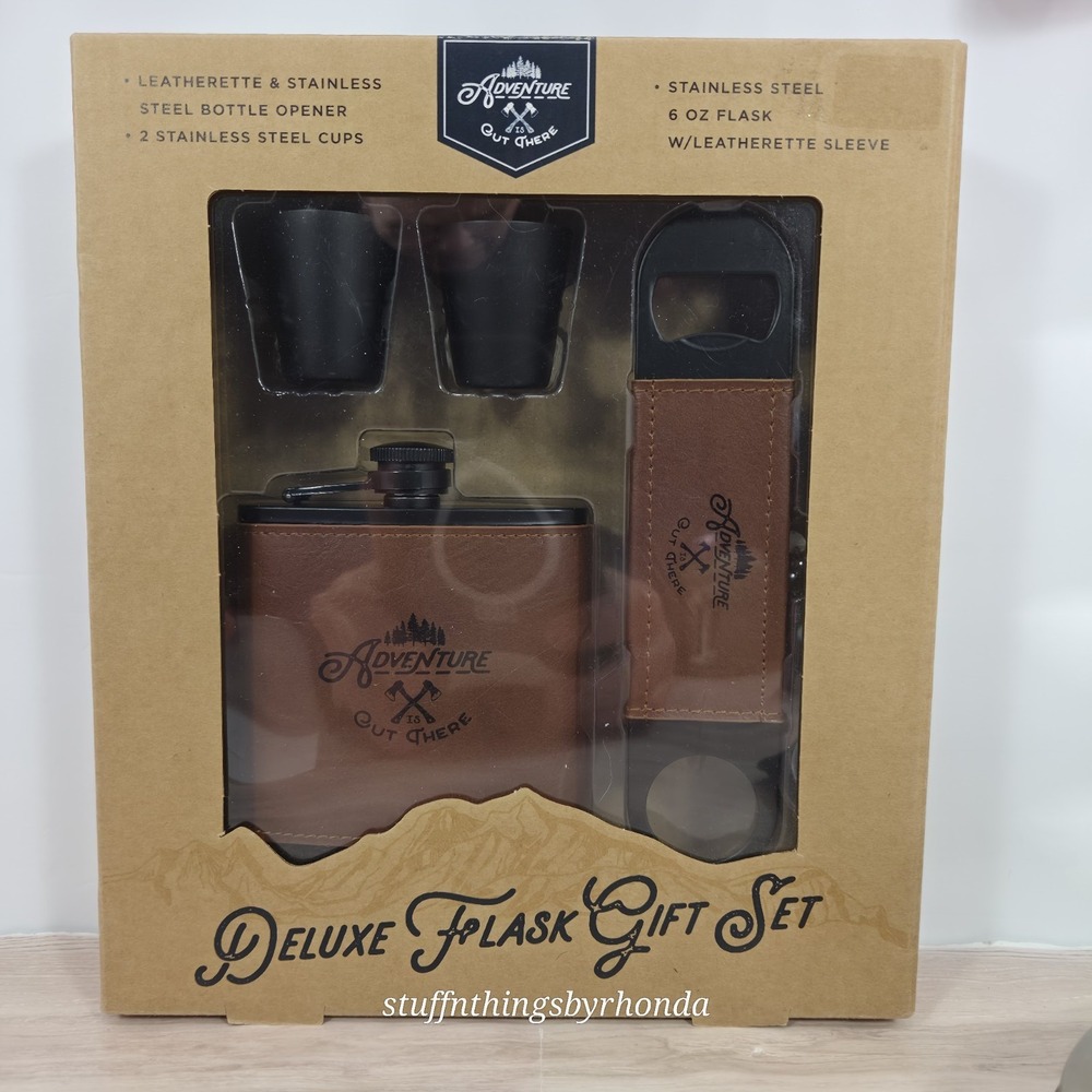 Adventure Out There Deluxe Flask Shot Glass & Bottle Opener Gift Set NIB